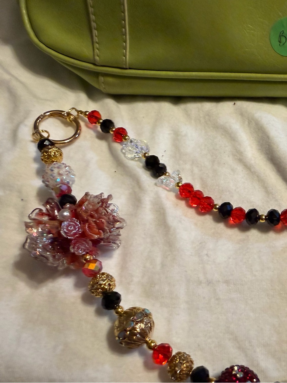 Red and Gold Floral Crystal Necklace bag or keychain